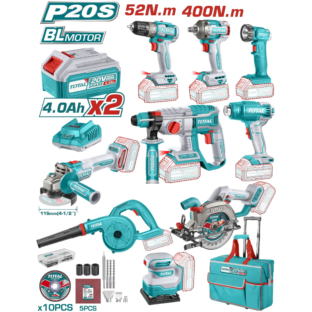 Combo 9 Herramientas Inalámbricas 20V, 2 Baterías 4.0Ah, Total