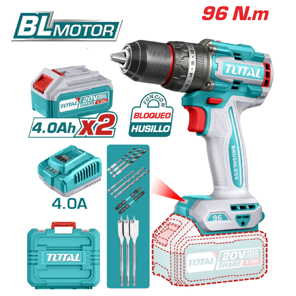 Taladro 1/2 Inalámbrico Brushless 20V Percutor+11 Accesorios (Super Potente), Total